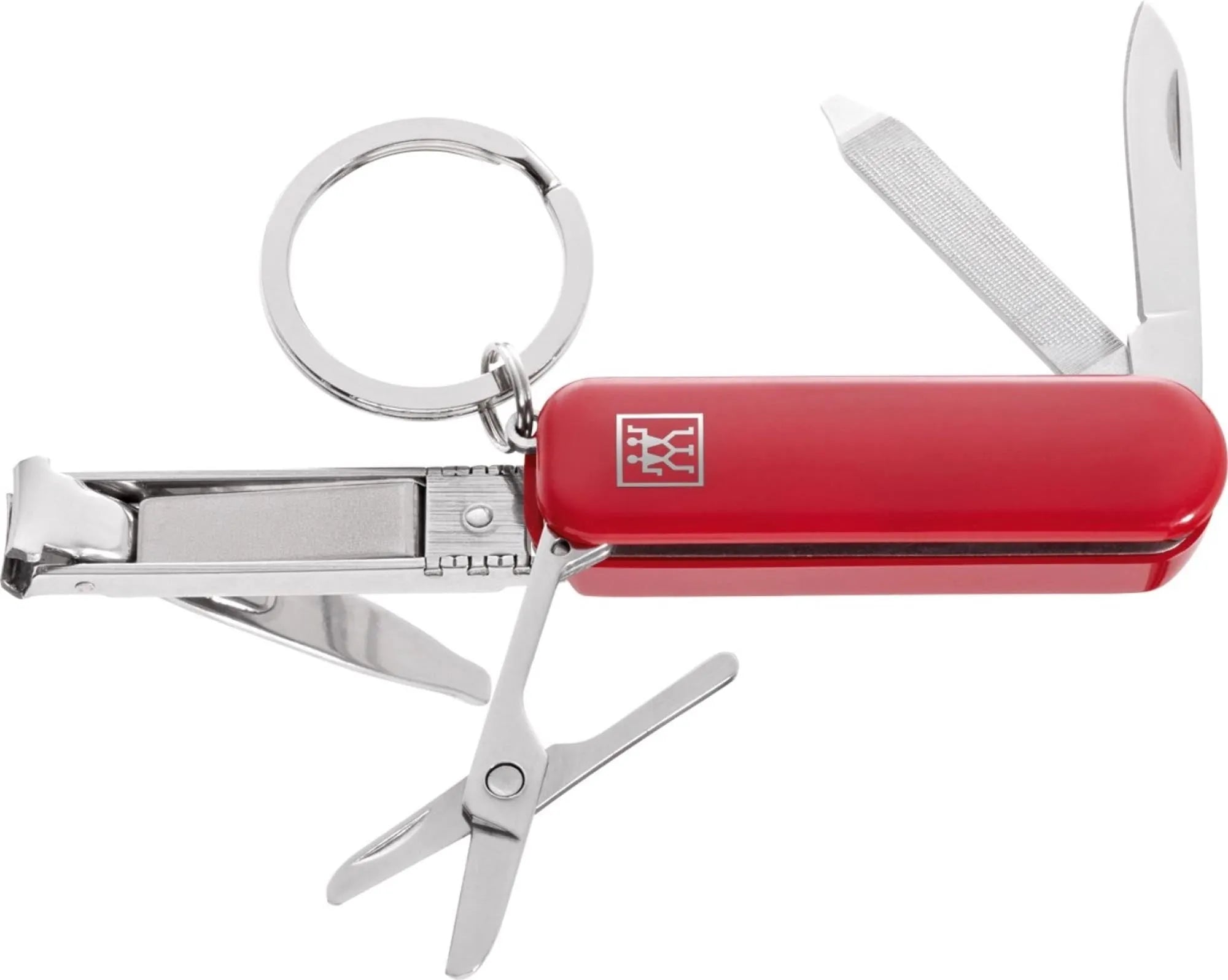 Kompaktes 57 mm Multi-Tool von Zwilling in Rot, aus 18/10 Edelstahl und Kunststoff. Praktisch, langlebig, ideal für Alltag und Reisen.