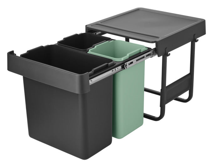 Das BRABANTIA Sort&Go Abfallsystem in Dunkelgrau und Jadegrün bietet 10+10+20 Liter Kapazität für effiziente Mülltrennung.