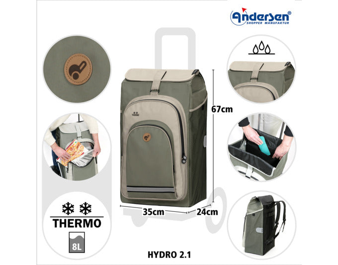 Der ANDERSEN Royal Hydro 2.1 Einkaufswagen in Grau bietet Komfort und Stil für Ihre Einkäufe, mit robustem Design und Funktionalität.