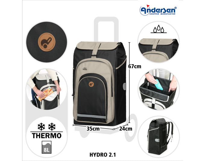 Der ANDERSEN Royal Hydro 2.1 Einkaufswagen in Schwarz bietet stilvollen Komfort und Funktionalität für Ihren Einkauf.