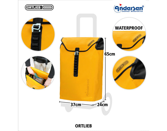 Der ANDERSEN Royal Ortlieb Einkaufswagen in Gelb ist robust, wasserdicht und ideal für den Einkauf oder den Transport von Waren.