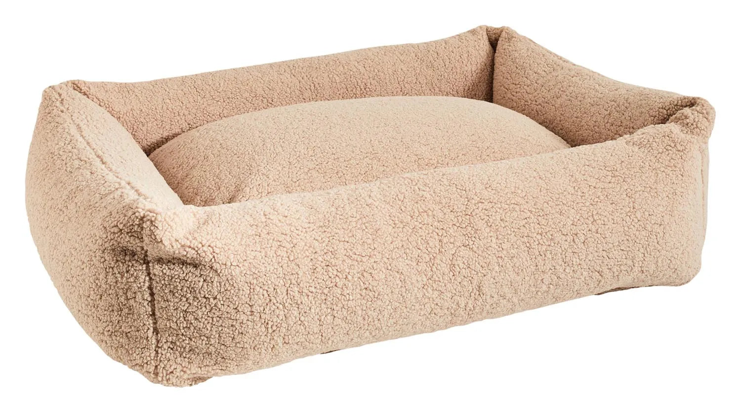 Luxuriöses Hundebett aus weichem Teddy-Stoff, rutschfest, pflegeleicht, ideal für kleine Rassen. Komfort und Stil vereint.