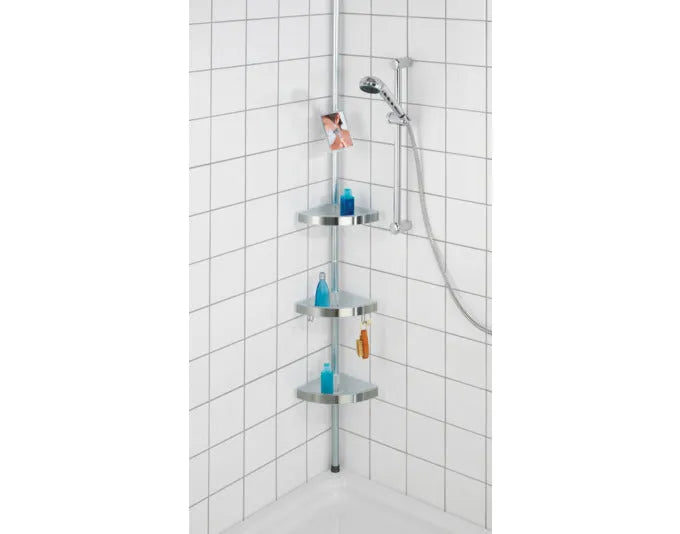 Praktisches Teleskop-Duscheckregal von WENKO, höhenverstellbar von 70-260 cm, mit Ablagen für Duschutensilien.