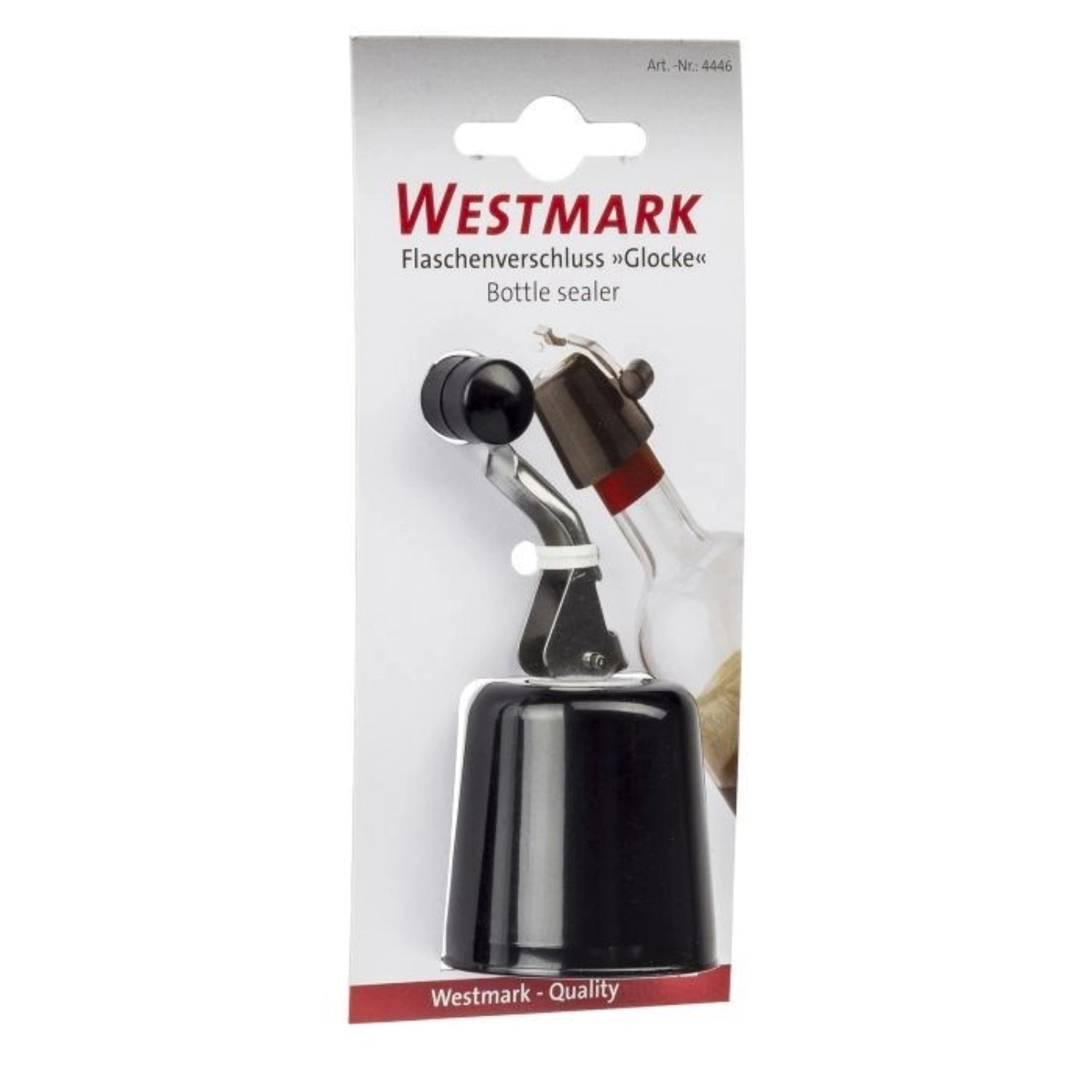 Praktischer roter Flaschenverschluss mit Glocke, 4.5x4.5x9cm, perfektes Barzubehör von Westmark für stilvolle Getränkepräsentation und Frische.