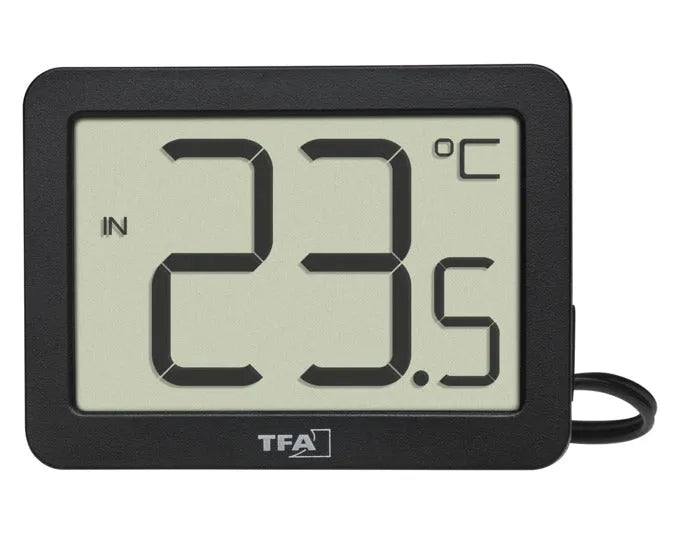 Digitales TFA Thermometer für Innen- und Außentemperaturen, schwarz, kompakt (4x5.5x2.8 cm), Messbereich -30 bis +60°C.