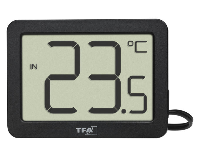 Digitales TFA Thermometer für Innen- und Außentemperaturen, schwarz, kompakt (4x5.5x2.8 cm), Messbereich -30 bis +60°C.