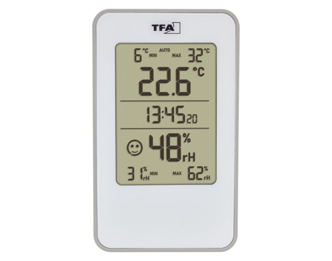 Digitales TFA Thermometer-Hygrometer in Weiß, misst Temperatur (-10 bis +60°C) und Luftfeuchtigkeit, kompakt und präzise.