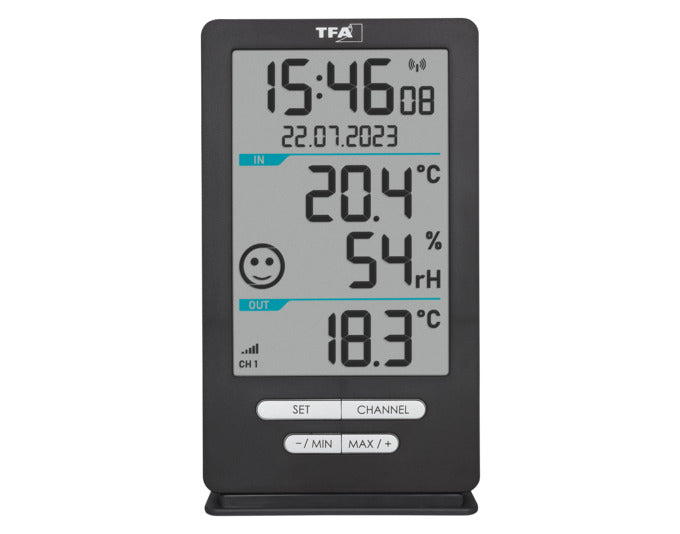Funk-Thermometer Xena Home von TFA, anthrazit, misst -40 bis +60°C, kompakt 14.5x8.2x4.7 cm, ideal für Innen- und Außenbereiche.