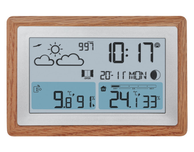 Elegante Funk-Wetterstation mit Eichenholzrahmen, misst Temperaturen von -40 bis +70°C, kompakt und stilvoll für Ihr Zuhause.