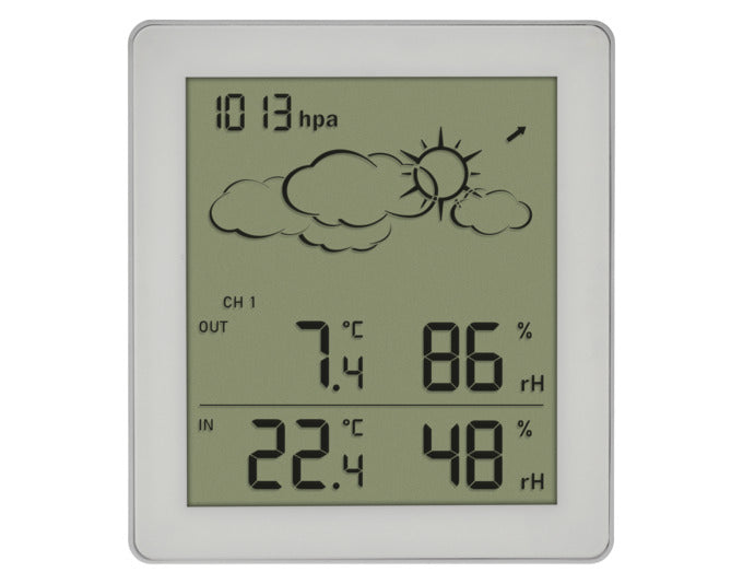 Die TFA Funk-Wetterstation Clear in Weiß bietet präzise Wetterdaten, Luftdruckanzeige und ein kompaktes Design von 10,5x9,4x5,8 cm.