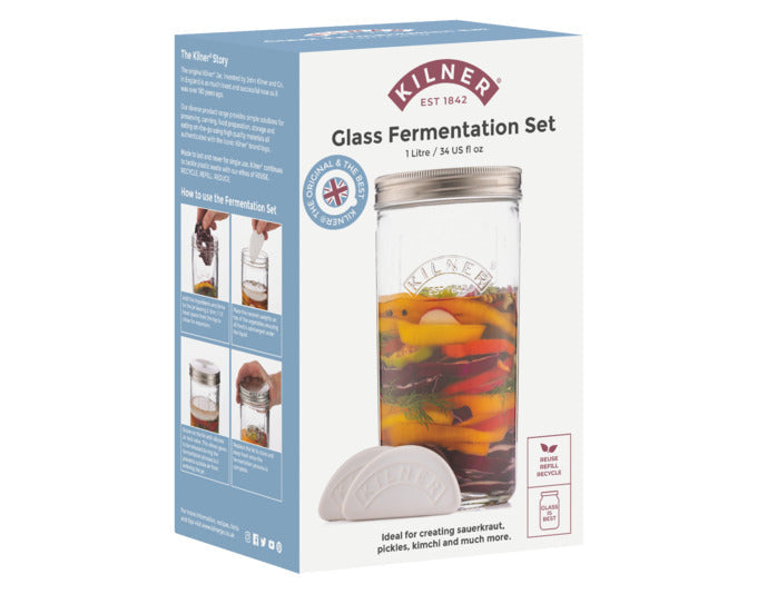 Das KILNER Fermentier-Set aus Glas (1 l) ist ideal für die einfache Herstellung von fermentierten Lebensmitteln zu Hause.