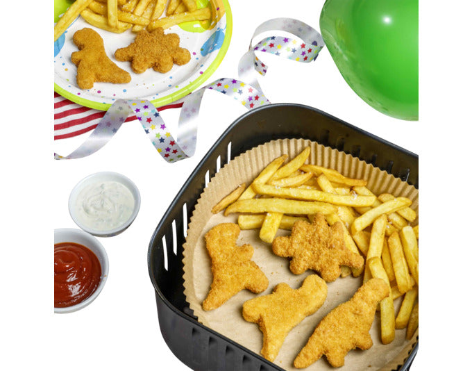 Praktisches Backpapier für Heißluftfritteusen, zugeschnitten für perfekte Ergebnisse, hitzebeständig und antihaftend.