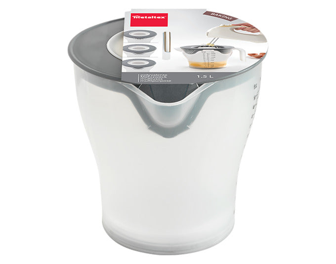 Praktischer 1.5 l Mess-/Rührbecher von METALTEX mit Skala, Spritzschutzdeckel und Ausgießer, ideal für präzises Kochen und Backen.