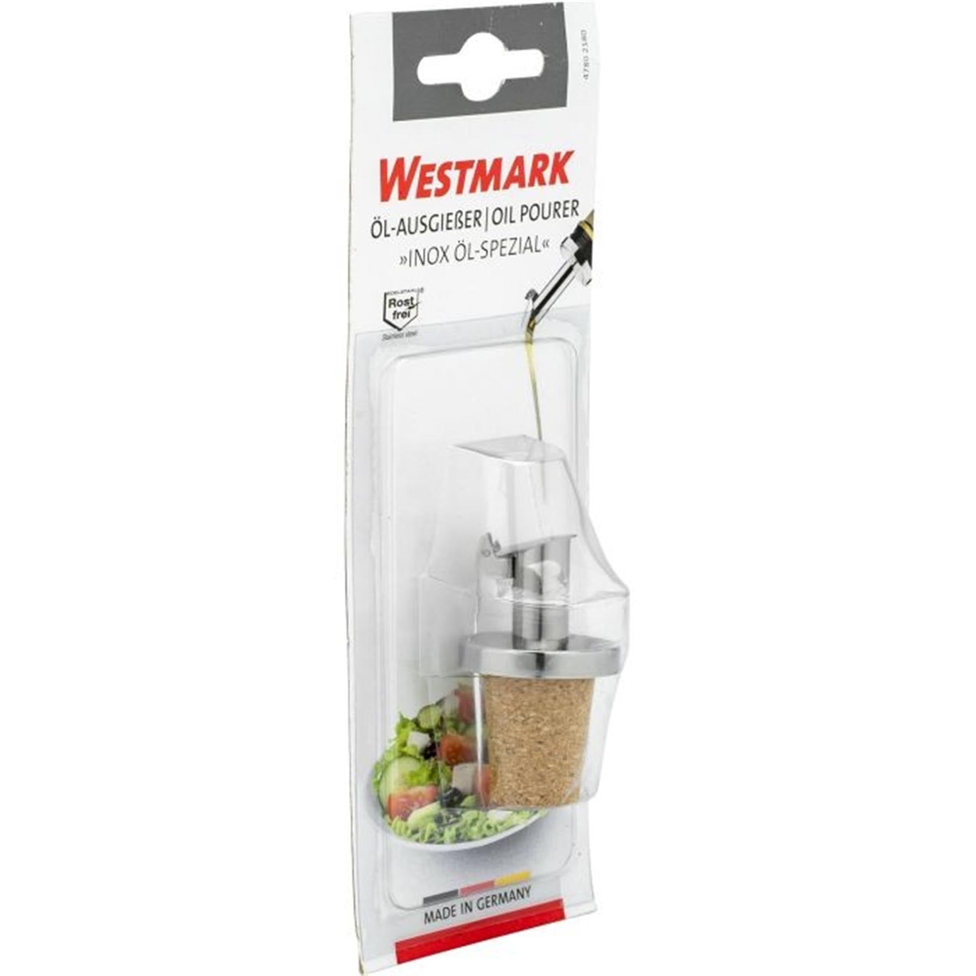 Praktischer Öl- und Essigausgießer mit Korkverschluss und Käppchen, ideal für präzises Dosieren, von Westmark, auf Blisterkarte.