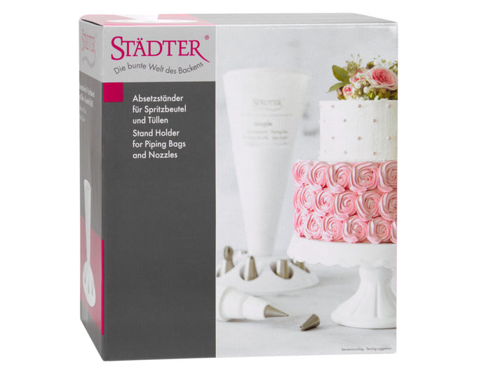 Praktischer STÄDTER Absetzständer in Weiß (ø 19.5x23 cm) für Spritzbeutel und Tüllen, ideal für sauberes Arbeiten beim Backen.