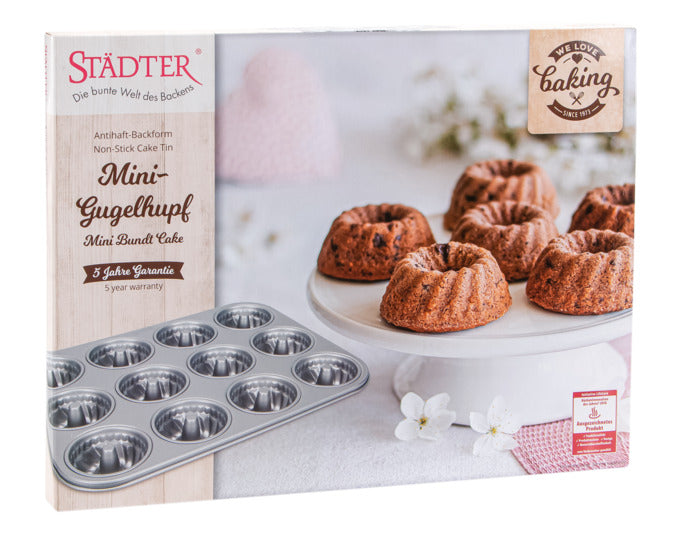Mini-Gugelhupf-Backblech von STÄDTER, 12 Formen, 35x27 cm, silber, ideal für Backfreunde, hochwertige Qualität, "We love Baking".