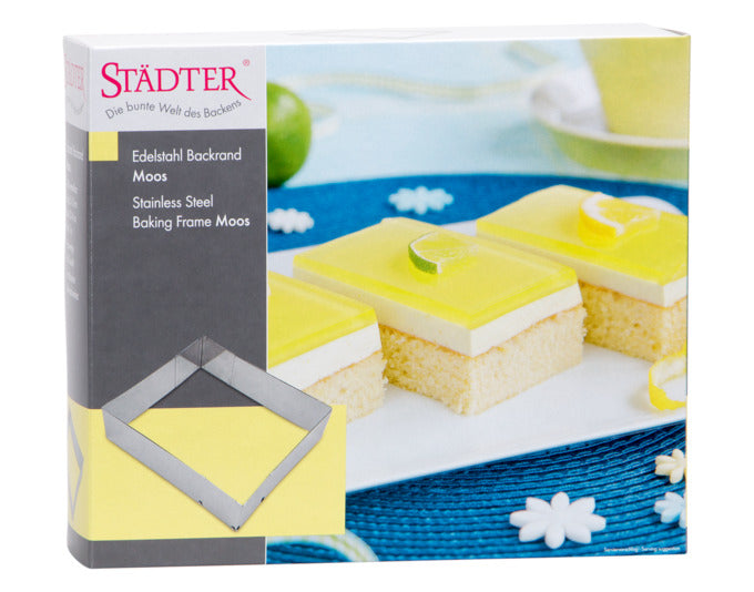 Verstellbarer Backrahmen von STÄDTER, ideal für Kuchen und Torten, flexibel von 25–50x22–41x7 cm, hochwertige Qualität.