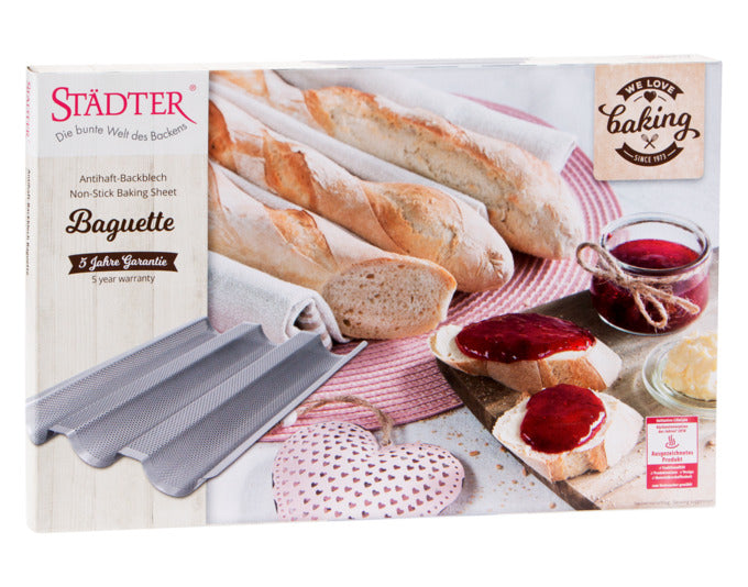 Das STÄDTER Baguette-Backblech in Silber (37x24x2.5 cm) ist ideal für knusprige Baguettes. Perfekt für Backliebhaber.