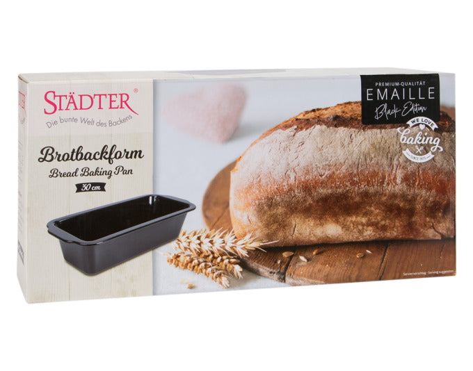 Hochwertige Brotbackform aus Emaille, 30x13x8 cm, schwarz, ideal für gleichmäßiges Backen. Perfekt für Hobbybäcker.