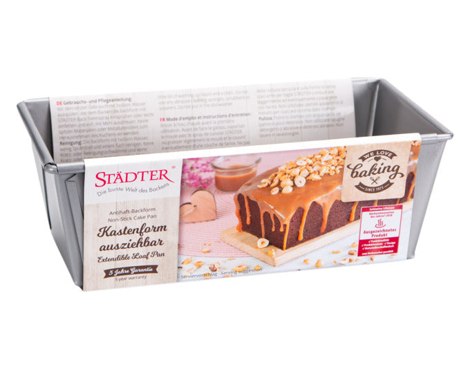 Ausziehbare STÄDTER Cakeform, 20-35x10.5x7 cm, silber, ideal für flexibles Backen. Hochwertig und praktisch für kreative Bäcker.