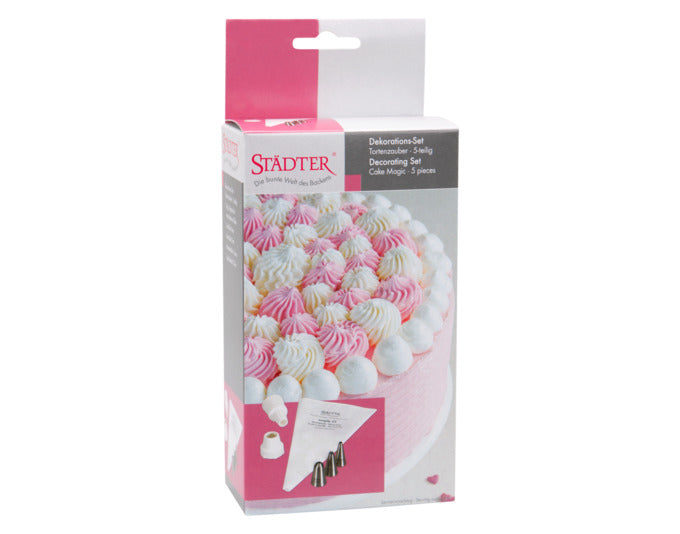 Das STÄDTER Tortenzauber Set enthält Spritzbeutel, Tüllen und Adapter, ideal für kreative Tortendekorationen.