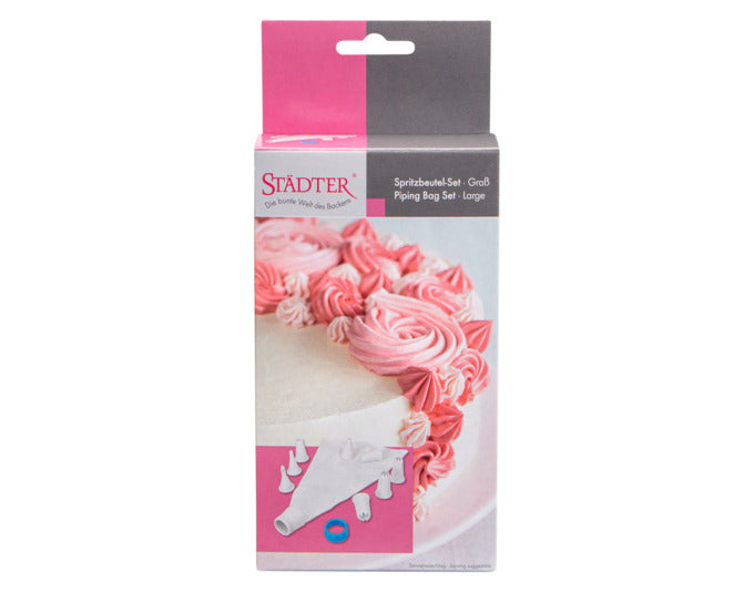 Das STÄDTER Set enthält große Garniertüllen und Spritzbeutel, ideal für kreative Dekorationen und präzises Arbeiten in der Küche.