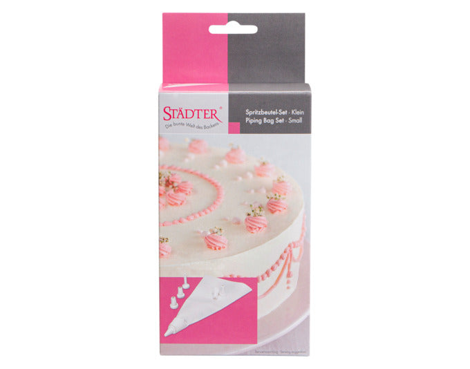 Praktisches Set aus Spritzbeutel und Garniertüllen von STÄDTER, ideal für kreative Dekorationen in der Backstube.