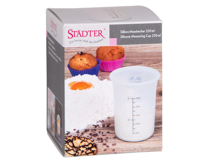 Praktischer STÄDTER Messbecher aus transparentem Silikon, 250 ml, Ø 8x11 cm, ideal für präzises Abmessen in der Küche.