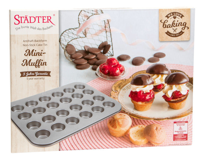 Mini-Muffinblech von STÄDTER, 24er, 35x27 cm, silber. Perfekt für Backfreunde, ideal für kleine Muffins. Hochwertig und langlebig.