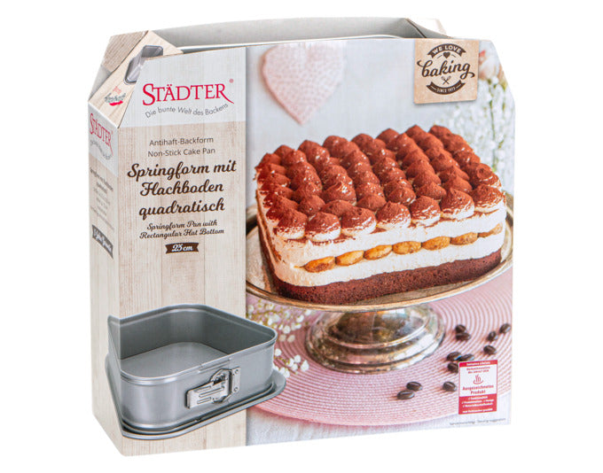 Quadratische Springform 23x23x7 cm in Silber von STÄDTER, ideal für Backliebhaber. Perfekt für Kuchen und Torten.