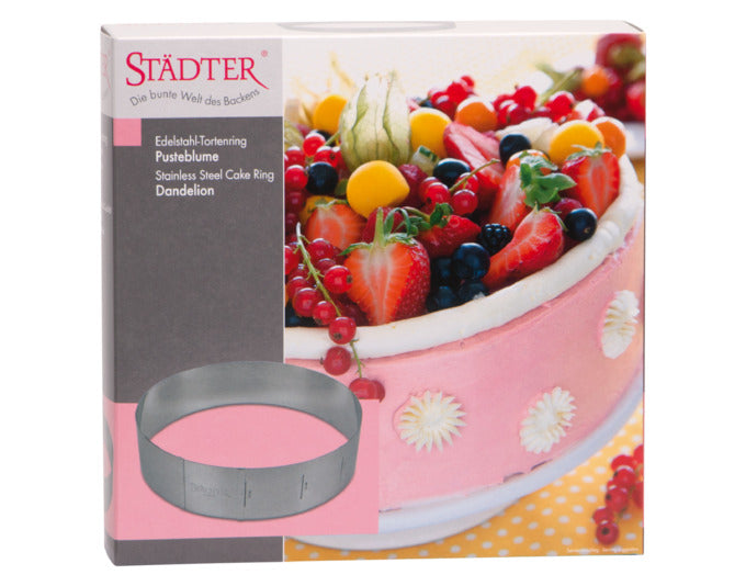 Verstellbarer Tortenring von STÄDTER mit Pusteblumen-Design, ideal für Kuchen von 18–30 cm Durchmesser, Höhe 7 cm.