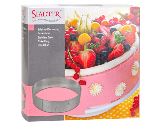 Verstellbarer Tortenring von STÄDTER mit Pusteblumen-Design, ideal für Kuchen von 18–30 cm Durchmesser, Höhe 10 cm.