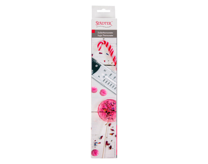 Präzises Zuckerthermometer von STÄDTER, misst Temperaturen von +20°C bis +200°C, ideal für Süßwaren und Backen.