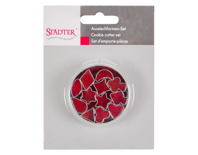 Mini-Ausstecher-Set von STÄDTER mit 12 Motiven in praktischer Dose, ideal für kreative Backideen, 1,5 cm Größe.