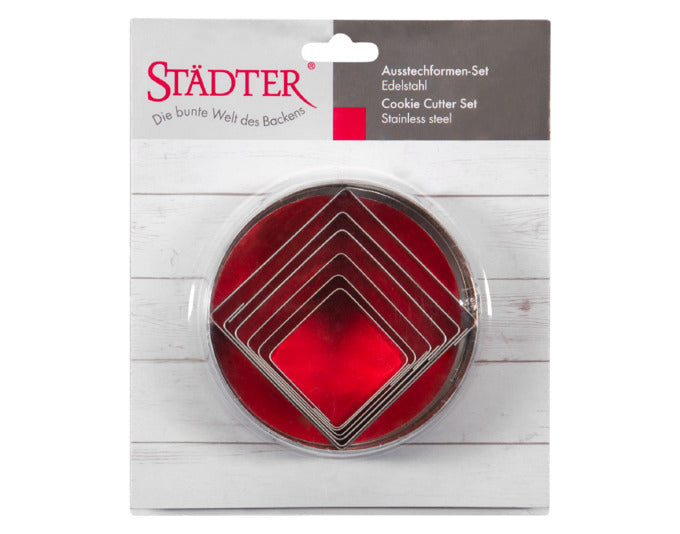 Praktisches 6-teiliges Ausstecher-Set von STÄDTER in quadratischer Form, ideal für Backen und Dekorieren, Größen von 5 bis 9,5 cm.