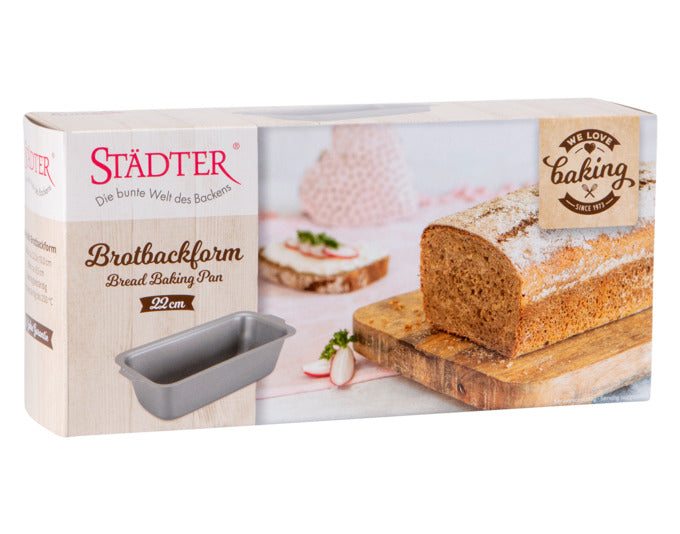 Hochwertige Brotbackform aus silbernem Material, ideal für gleichmäßiges Backen. Perfekt für Hobbybäcker und Profis.
