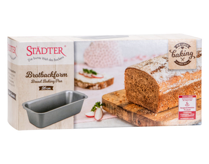 Hochwertige Brotbackform 26x11.5x7.5 cm in Silber von STÄDTER, ideal für perfekte Backergebnisse. "We love baking" Qualität.