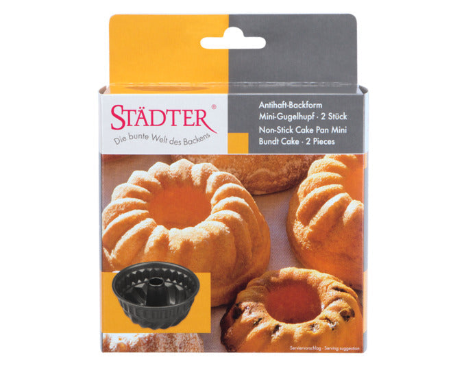 Set aus zwei Mini-Gugelhupfformen (10x4,5 cm) von STÄDTER, ideal für kleine Kuchen, hochwertige Qualität, perfekte Backergebnisse.