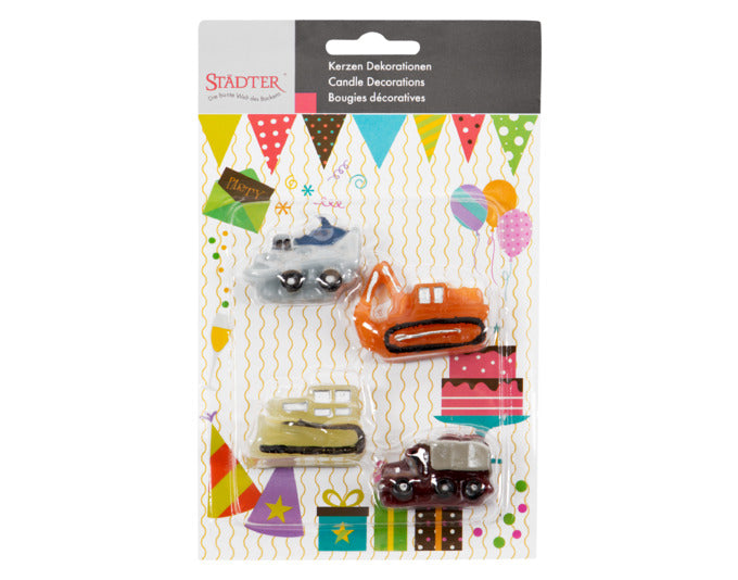 Bunte Baustellenfahrzeug-Kerzen von STÄDTER, 4-teilig, 4–5 cm groß, ideal für Kindergeburtstage und kreative Tortendekorationen.