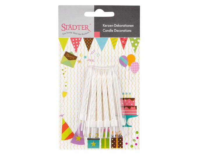 Weiße Glitzer-Geburtstagskerzen von STÄDTER, 7,5 cm, mit Halter, 10 Stück, ideal für festliche Torten und Feiern.