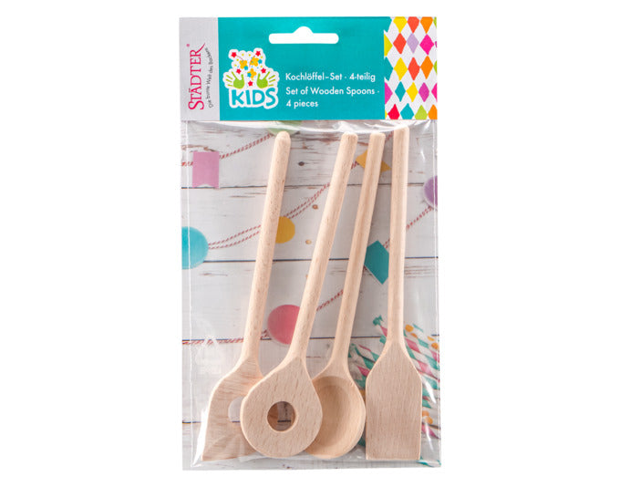 Kinder-Kochlöffel-Set aus Buchenholz, 4-teilig, 16 cm, ideal für kleine Köche, robust und perfekt für Back- und Kochspaß.