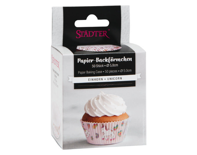 Bunte Maxi-Papierbackförmchen mit Einhorn-Motiv, ideal für Muffins und Cupcakes, ø 5/7x3 cm, 50 Stück, von STÄDTER.