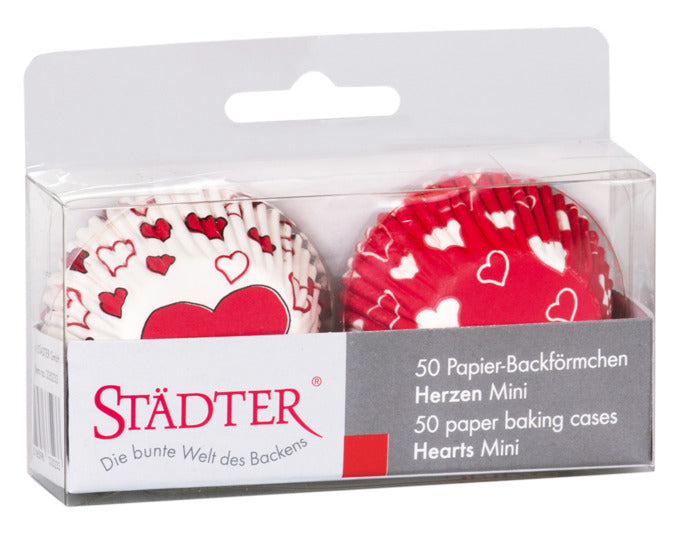 Mini-Herz-Papierbackförmchen in Rot, ideal für kleine Backkreationen. 50 Stück, ø 3/4x2 cm, von STÄDTER. Perfekt für besondere Anlässe.