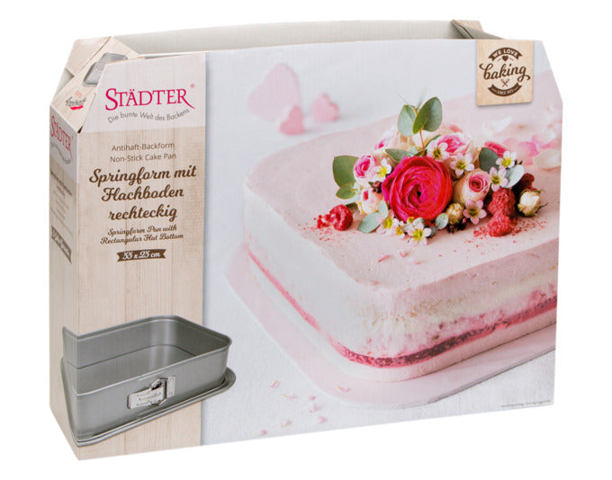 Rechteckige Springform 33x23x7 cm in Silber von STÄDTER, ideal für Backliebhaber. Perfekt für Kuchen und Desserts.