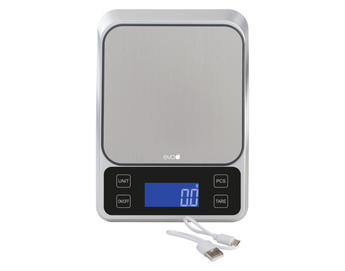 EVA Küchenwaage Präzision digital aufladbar Micro-USB-Kabel 3 kg 0.1 g silber 21x15x3 cm in  präsentiert im Onlineshop von KAQTU Design AG. Waage ist von EVA