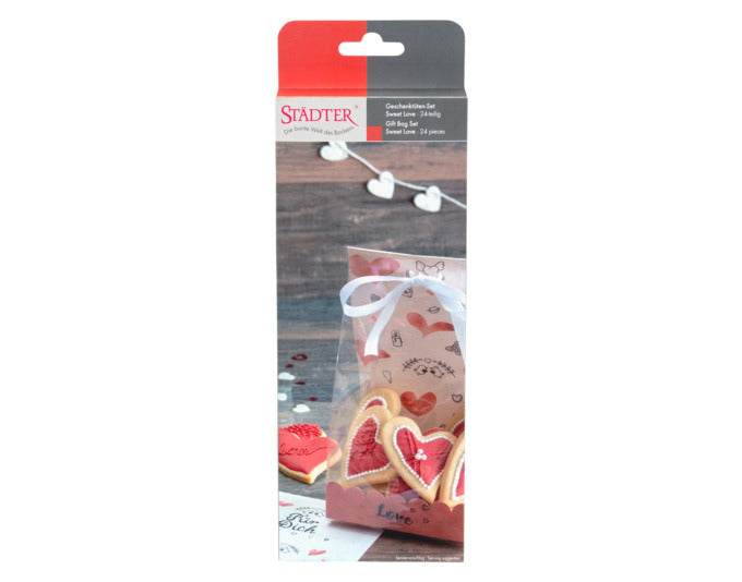 Transparente Geschenktüten im Set 'Sweet Love' von STÄDTER, ideal für kreative Verpackungen, 9x25 cm, 24-teilig.