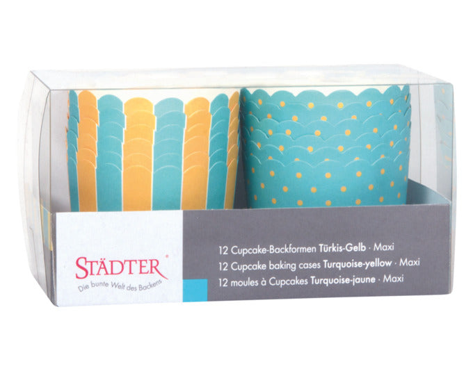 Papierbackförmchen in Türkis und Gelb, Maxi-Größe, ideal für Muffins und Cupcakes, ø 6/7x5.5 cm, von STÄDTER.