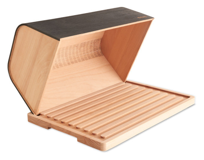 Eleganter Brotkasten aus schwarzer Buche mit integriertem Brotbrett, ideal für frisches Brot, Maße: 38.5x26.5x18 cm.
