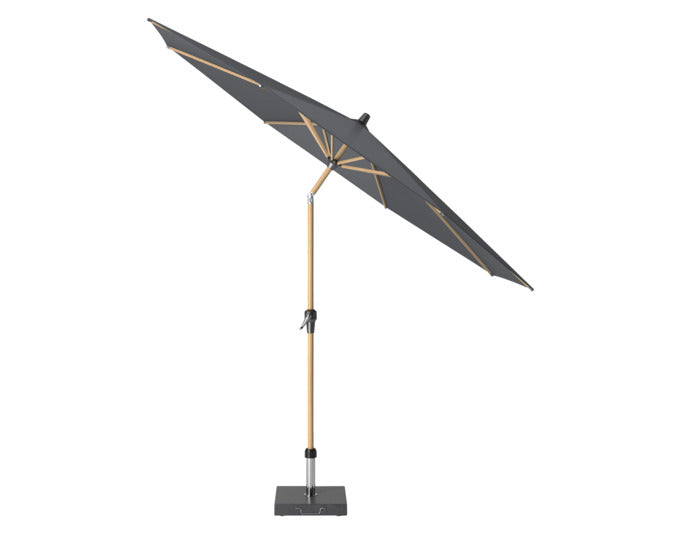 Moderner Sonnenschirm Riva ø 300 cm in Anthrazit mit Teak-Optik, idealer Schutz vor Sonne und Regen, stilvoll und robust.