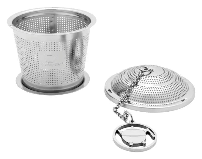 Praktisches Tee-Ei aus Edelstahl mit Kette und Ablage, ideal für losen Tee. Hochwertig, langlebig und einfach zu reinigen.